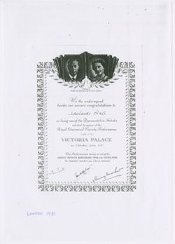 Photocopy of congratulatory note for Hall's appearance in a Variety Performance at the Victoria Palace, October 29, 1951