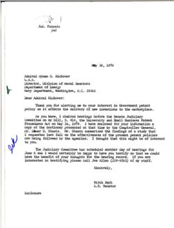 Letter from Birch Bayh to Admiral Hyman G. Rickover of the Department of Energy, May 30, 1979