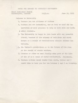 "Notes For Remarks to Methodist Conference." -First Methodist Church, Bloomington, Indiana. June 22, 1949