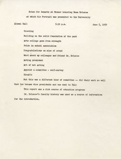 "Notes for Remarks Arts and Sciences Dinner Honoring Dean Briscoe." -Alumni Hall June 5, 1959