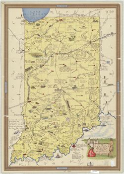 Map of Indiana showing its history, points of interest, and the holdings of the Dept of Conservation