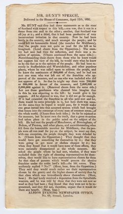 Printed material, "Mr. Hunt's Speech, delivered in the House of Commons", 12 April 1831