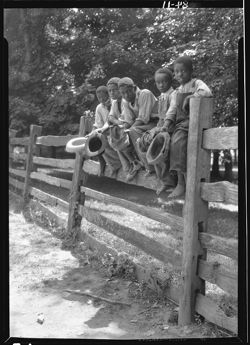 Darkies on fence at "Old Kentucky Home" at Bardstown, Kentucky