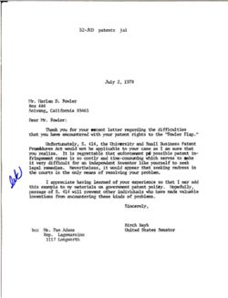 Letter from Birch Bayh to Harlan D. Fowler, July 2, 1979