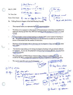 Memo from Chris Kojm to Tom, Lee re Talking Points in Support of Staff Hearing Proposal, July 31, 2003