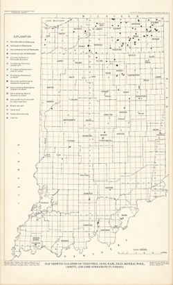 Map showing location of industrial sand, marl, peat, mineral wool, cement, and lime operations in Indiana