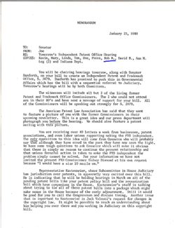 Memo from Joe to Senator re Tomorrow's Independent Patent Office Hearing, January 23, 1980