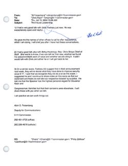 Email from Al Felzenberg to Chris Kojm re The House Leadership, July 15, 2004, 10:06 AM