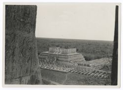 Item 0157. View of Temple of the Warriors and colonnade, taken from atop the Castillo. Portions of walls of temple on the Castillo are visible at right and left.