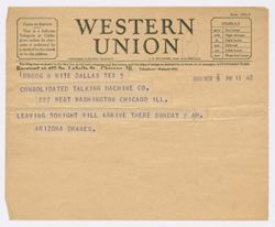 Western Union telegram from Dranes to Consolidated Talking Machine Co. regarding travel plans, November 5, 1926