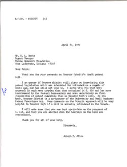 Letter from Joe Allen to Ralph Davis of the Purdue Research Foundation, April 30, 1979