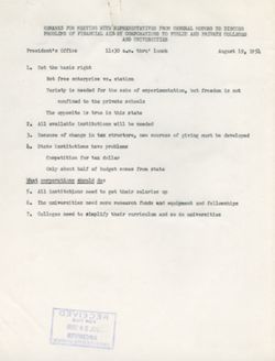 "Remarks on Problems of Financial Aid by Corps to Public and Private Colleges and Universities General Motors Representatives Meeting." -President's office August 19, 1954