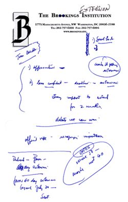 "Tom Daschle - Extension" [Hamilton’s handwritten notes; small sheet, Brookings Institution paper]