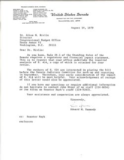 Letter from Edward M. Kennedy to Alice M. Rivlin of the Congressional Budget Office, August 14, 1979