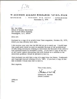 Letter from Howard Bremer of the Wisconsin Alumni Research Foundation to Joe Allen, November 2, 1979