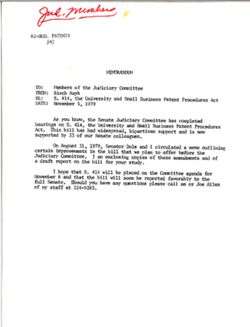 Memo from Birch Bayh to Members of the Judiciary Committee re S. 414, the University and Small Business Patent Procedures Act, November 5, 1979