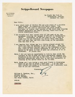 17 October 1949: To: William W. Hawkins. From: Roy W. Howard.