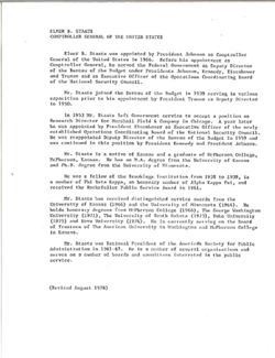 Biographical information on Elmer B. Staats, Comptroller General of the United States, April 11, 1979