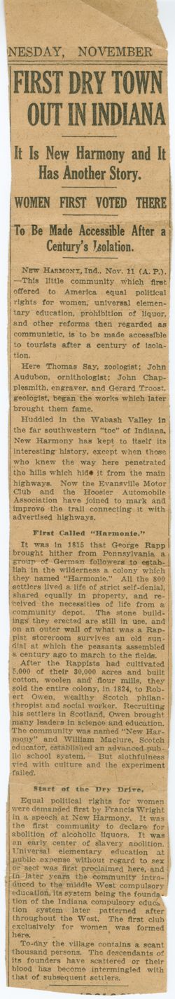 Newspaper Clipping, New Harmony history, prohibition