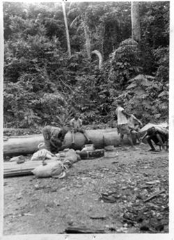 People waiting by roadside with loads