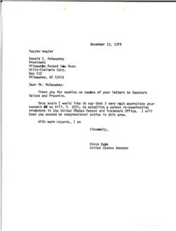 Letter from Birch Bayh to Donald C. McGaughey of the Milwaukee Patent Law Association, December 13, 1979