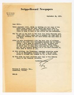 24 September 1952: To: William W. Hawkins. From: Roy W. Howard.