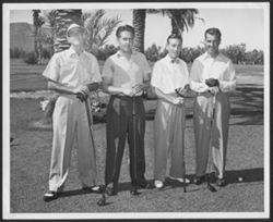 Hoagy Carmichael posing with three unidentified men, prior to Bob Hope Desert Classic and P.S. Classic.