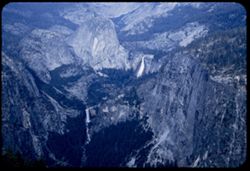 Nevada and Vernal Falls from Washburn point in pale afternoon light = Yosemite Nat'l Park.