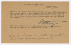 Missouri Pacific Lines confirmation of cash advanced by Consolidated Talking Machine Company for Dranes travel from Sherman, TX to Chicago, IL, June 22, 1928