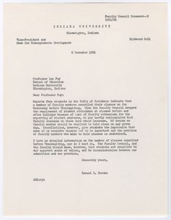 09: Request for Discussion of Faculty Cancellation Classes before Holidays, 06 December 1961