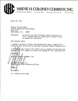 Letter from Wayne H. Coloney to Senator Richard Stone, March 29, 1979