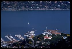 Looking down from Waldo Height above Sausalito on sail boat in Richardson Bay