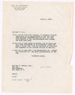 1 March 1931: To: William T. Dewart. From: Roy W. Howard.