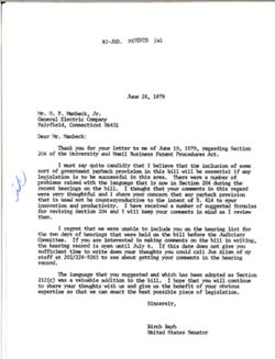 Letter from Birch Bayh to H. F. Manbeck, Jr. of General Electric Company, June 28, 1979