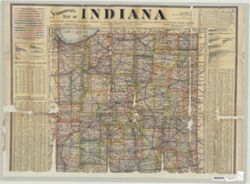 Scarborough's map of Indiana, showing counties, townships, congressional townships and sections, cities, villages, post-offices, railroads and stations and interurban electric railways. Competely indexed and accompanied by statistical diagrams and special maps