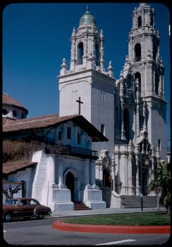 Church of Mission Dolores faces bouleverd of Dolores St.  San Francisco.
