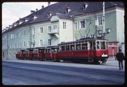 Four trailers with Innsbruck trolley car in Solbad Hall
