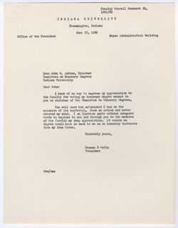 24: Letter from President Herman B. Wells Expressing Appreciation to Faculty for Honorary Doctorate, 18 June 1962