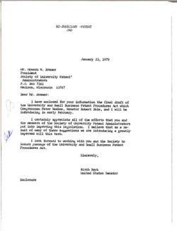 Letter from Birch Bayh to Howard W. Bremer of the Society of University Patent Administrators, January 23, 1979