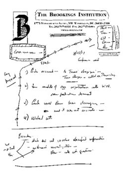 Small sheet (Brookings Institution notepaper) stapled to email: "8/25/03 Conference call" [Hamilton’s handwritten notes], August 25, 2003