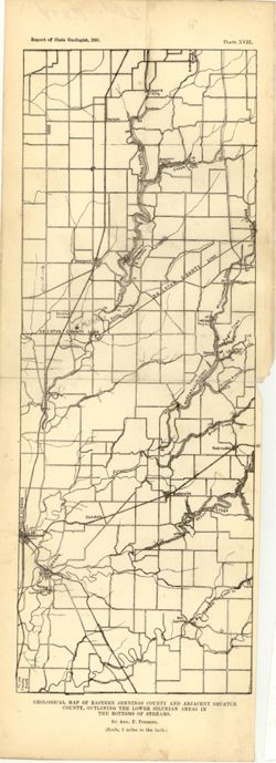 Geological map of eastern Jennings County and adjacent Decatur County, outlining the lower Silurian areas in the bottoms of streams