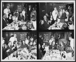 Series of four photos of Hoagy Carmichael at a head of a table of a group of unidentified people in a restaurant.