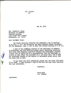 Letter from Birch Bayh to Juanita M. Kreps, Secretary of Commerce re S. 414, May 30, 1979