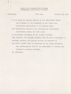 "Notes for Introduction of David Lilienthal, Convocation Speaker." -Indiana University Auditorium. Oct. 12, 1950