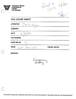 Fax cover sheet from Lee Hamilton to Chris Kojm re conspiracy theory, July 1, 2004