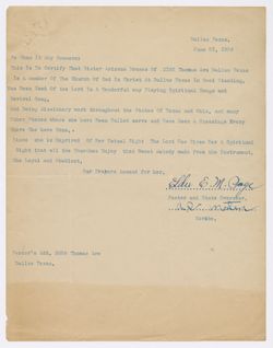 Dranes to C.T.M. Co. regarding contract, accompanied by letter of recommendation from pastor, June 23, 1926
