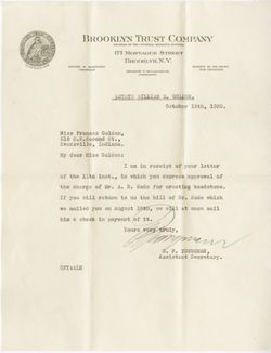 Letter from Brooklyn Trust Company to Frances Golden, October 1930