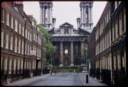 View south in Lord North St. toward ruins of St. George Church in  Smith Square, London