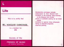 Society of the Friends of Music of Indiana. Lifetime membership.
