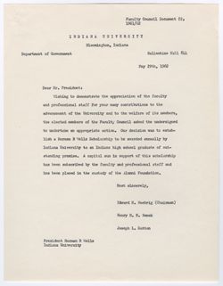 22: Letter to President Wells Concerning the Establishment of Herman B. Wells Scholarship, 29 May 1962